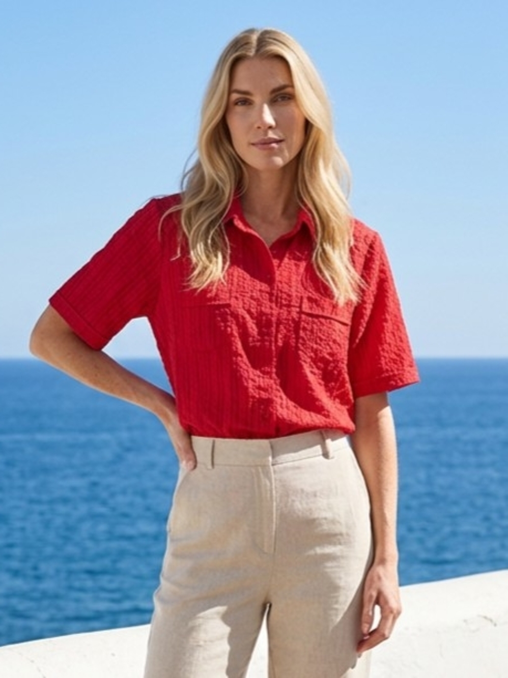 Y2K Allison Daley Petite Vibrant Red Textured Floral Button-Up Blouse 14P